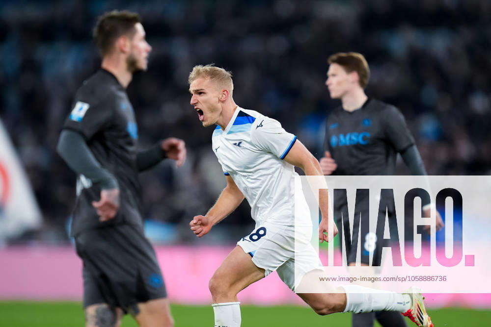 Gustav Isaksen of SS Lazio celebrates after scoring first goal during the Serie A match between SS Lazio and SSC Napoli at Stadio Olimpico Rome Italy on 15 February 2025. Rome Stadio Olimpico Rome Italy