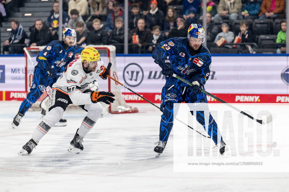Kampf um den Puck Zweikampf zwischen Daniel Pfaffengut (Loewen Frankfurt, 77) und Maximilian Kastner (EHC Red Bull Muenchen, 93). GER, EHC Red Bull Muenchen vs. Loewen Frankfurt, Eishockey, DEL, 45. Spieltag, Saison 2024 2025, 16.02.2025. GER, EHC Red Bull Muenchen vs. Loewen Frankfurt, Eishockey, DEL, 45. Spieltag, Saison 2024 2025, 16.02.2025. Muenchen