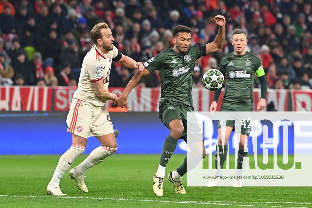 Harry KANE (Bayern Muenchen), Aktion,Zweikampf gegen Austin TRUSTY (Glasgow).re: Callum McGREGOR (Glasgow). Fussball Champions League K.O. Phase Play offs FC Bayern Muenchen - Celtic FC Glasgow 1-1 am 18.02.2025 , A L L I A N Z A R E N A.