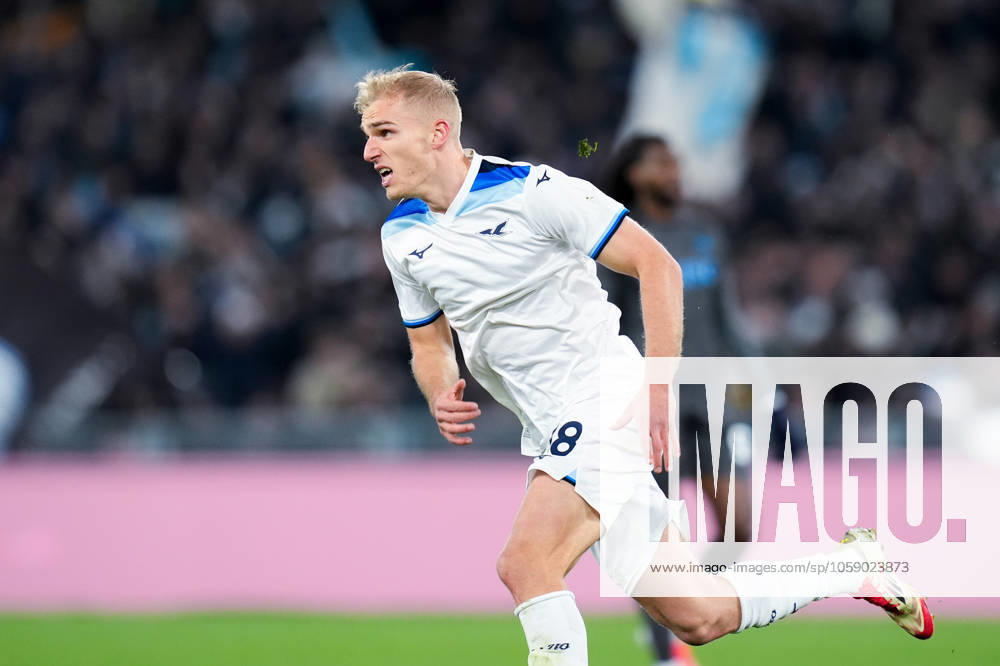 Gustav Isaksen of SS Lazio celebrates after scoring first goal during the Serie A match between SS Lazio and SSC Napoli at Stadio Olimpico Rome Italy on 15 February 2025. Rome Stadio Olimpico Rome Italy