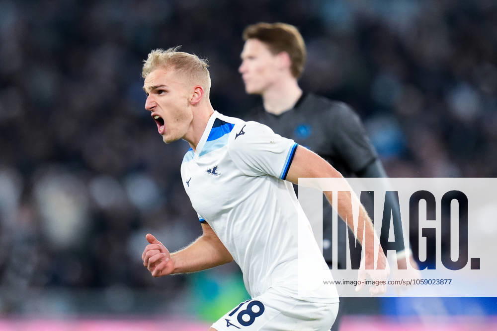 Gustav Isaksen of SS Lazio celebrates after scoring first goal during the Serie A match between SS Lazio and SSC Napoli at Stadio Olimpico Rome Italy on 15 February 2025. Rome Stadio Olimpico Rome Italy