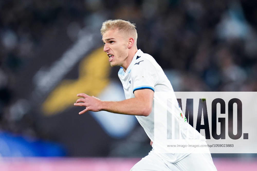 Gustav Isaksen of SS Lazio celebrates after scoring first goal during the Serie A match between SS Lazio and SSC Napoli at Stadio Olimpico Rome Italy on 15 February 2025. Rome Stadio Olimpico Rome Italy