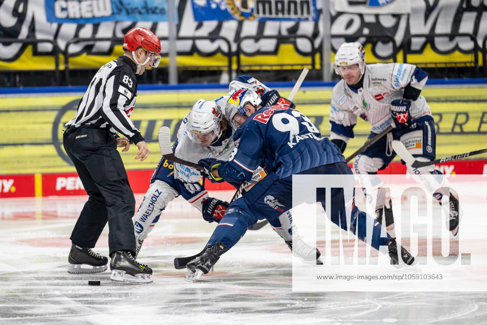 Linesperson David Tschirner fuehrt ein Bully Faceoff aus zwischen Tyler Boland (Iserlohn Roosters, 10) und Maximilian Kastner (EHC Red Bull Muenchen, 93). GER, EHC Red Bull Muenchen vs. Iserlohn Roosters, Eishockey, DEL, 47. Spieltag, Saison 2024 2025, 21.02.2025. GER, EHC Red Bull Muenchen vs. Iserlohn Roosters, Eishockey, DEL, 47. Spieltag, Saison 2024 2025, 21.02.2025. Muenchen