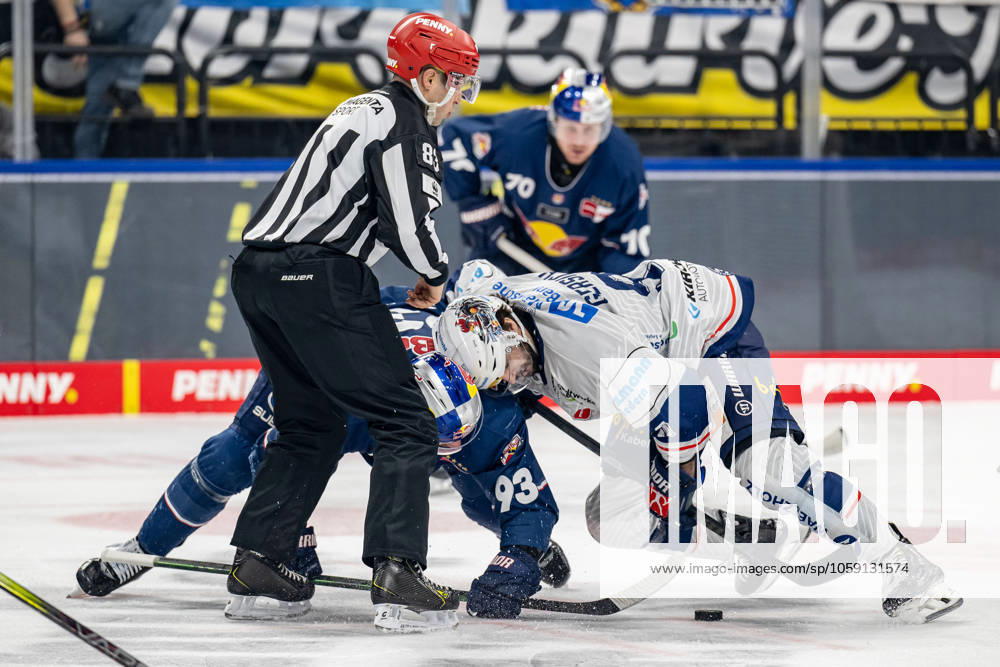 Linesperson David Tschirner fuehrt ein Bully Faceoff aus zwischen Maximilian Kastner (EHC Red Bull Muenchen, 93) und Shane Gersich (Iserlohn Roosters, 9). GER, EHC Red Bull Muenchen vs. Iserlohn Roosters, Eishockey, DEL, 47. Spieltag, Saison 2024 2025, 21.02.2025. GER, EHC Red Bull Muenchen vs. Iserlohn Roosters, Eishockey, DEL, 47. Spieltag, Saison 2024 2025, 21.02.2025. Muenchen