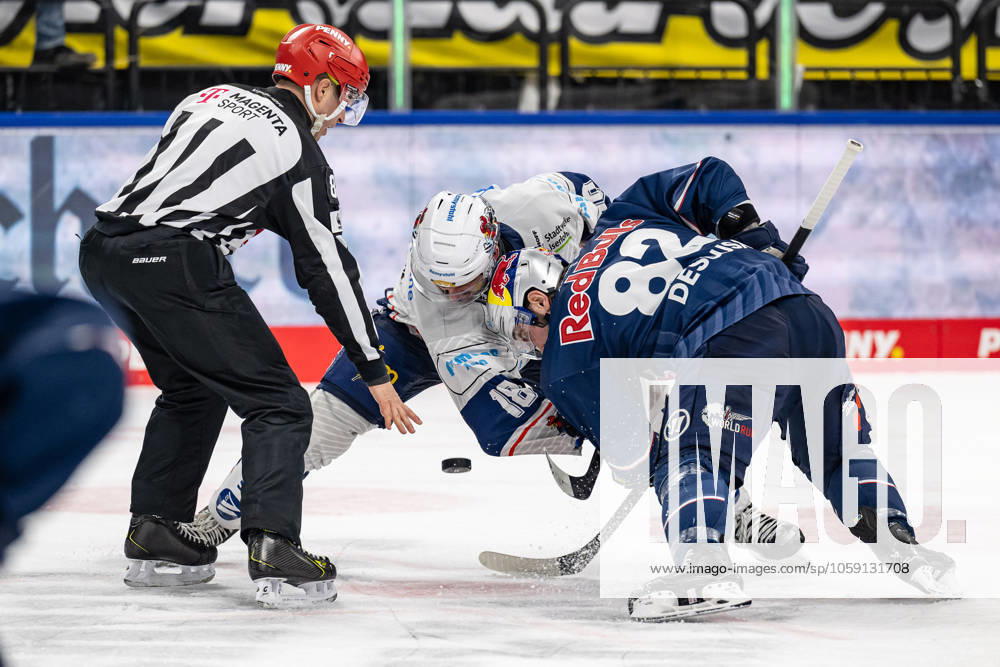 Linesperson David Tschirner fuehrt ein Bully Faceoff aus zwischen Eric Cornel (Iserlohn Roosters, 18) und Chris DeSousa (EHC Red Bull Muenchen, 82). GER, EHC Red Bull Muenchen vs. Iserlohn Roosters, Eishockey, DEL, 47. Spieltag, Saison 2024 2025, 21.02.2025. GER, EHC Red Bull Muenchen vs. Iserlohn Roosters, Eishockey, DEL, 47. Spieltag, Saison 2024 2025, 21.02.2025. Muenchen