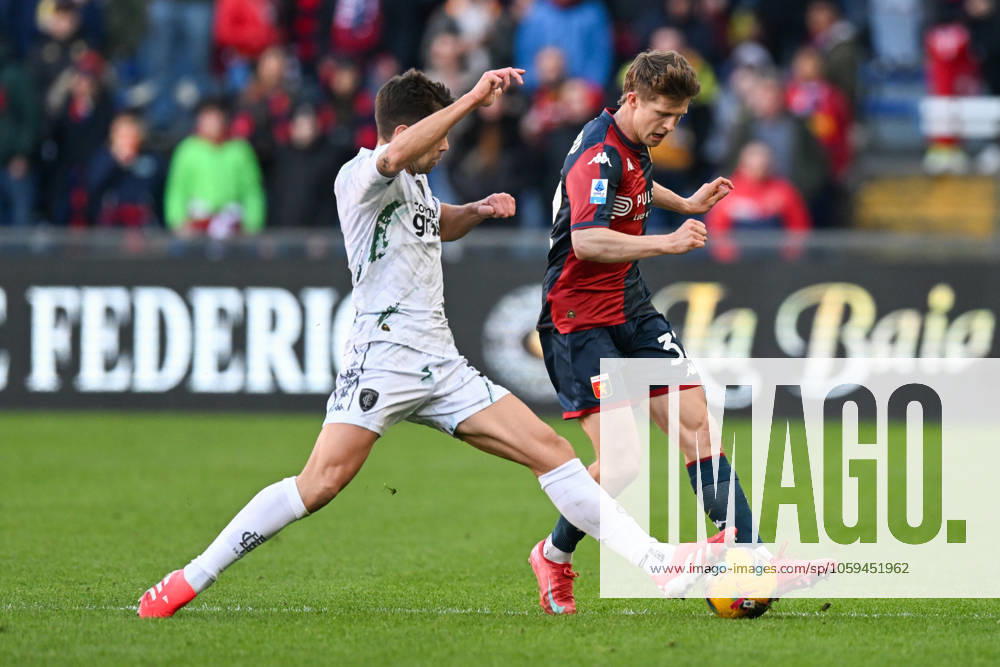 GenoaÕs Morten Frendrup fights for the ball during the Serie A soccer match between Genoa and Empoli at the Luigi Ferraris Stadium in Genoa, Italy - Sunday, March 02, 2025. - Soccer .