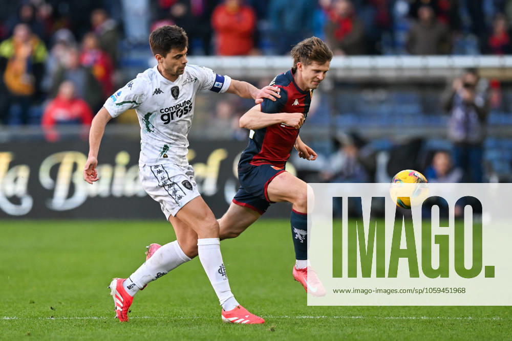 GenoaÕs Morten Frendrup fights for the ball during the Serie A soccer match between Genoa and Empoli at the Luigi Ferraris Stadium in Genoa, Italy - Sunday, March 02, 2025. - Soccer .