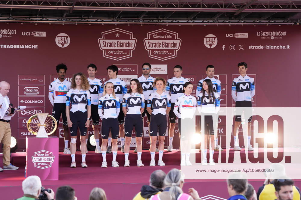 MOVISTAR TEAM during the team presentation of the Strade Bianche e Strade Bianche Women cycling race in Siena, Friday, Italy - Friday, March 7 2025. - cycling.
