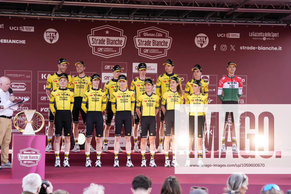 TEAM VISMA LEASE A BIKE during the team presentation of the Strade Bianche e Strade Bianche Women cycling race in Siena, Friday, Italy - Friday, March 7 2025. - cycling.