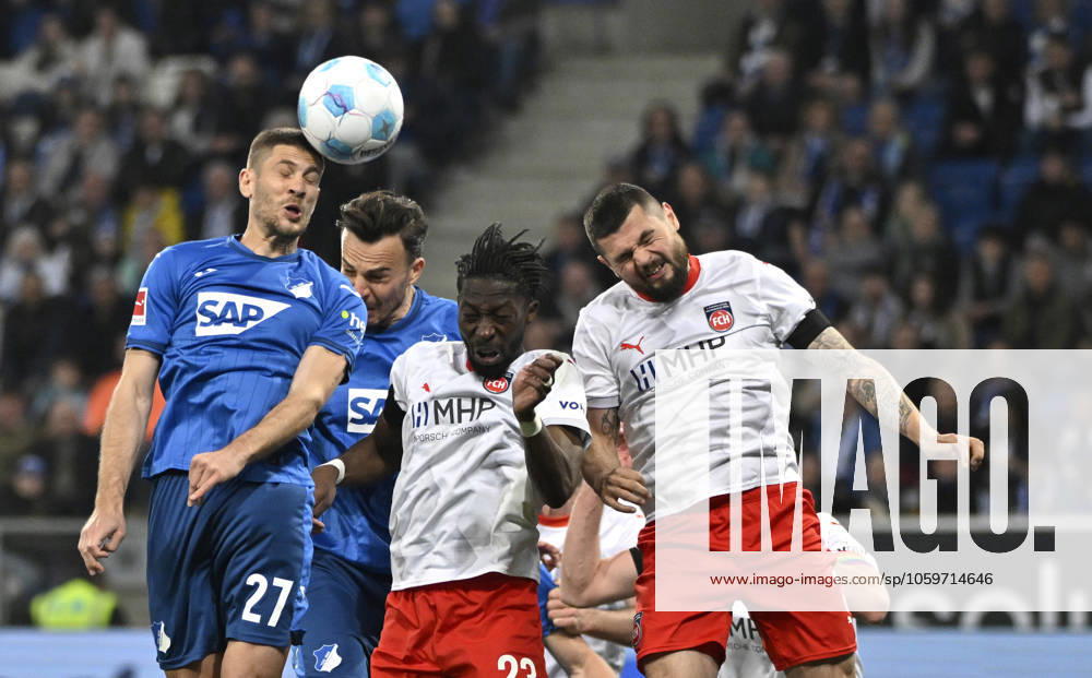 Strafraumszene, Torraumszene Kopfballduell Zweikampf Aktion Andrej Kramaric TSG 1899 Hoffenheim (27) Haris Tabakovic TSG 1899 Hoffenheim (26) Omar Haktab Traore 1. FC Heidenheim 1846 FCH (23) Marnon Busch 1. FC Heidenheim 1846 FCH (02) TSG 1899 Hoffenheim vs 1. FC Heidenheim 1846 FCH 09.03.2025 DFL REGULATIONS PROHIBIT ANY USE OF PHOTOGRAPHS AS IMAGE SEQUENCES AND OR QUASI-VIDEO TSG 1899 Hoffenheim vs 1. FC Heidenheim 1846 FCH