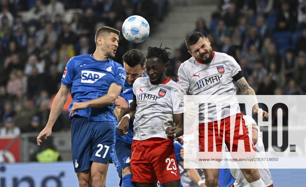 Strafraumszene, Torraumszene Kopfballduell Zweikampf Aktion Andrej Kramaric TSG 1899 Hoffenheim (27) Haris Tabakovic TSG 1899 Hoffenheim (26) Omar Haktab Traore 1. FC Heidenheim 1846 FCH (23) Marnon Busch 1. FC Heidenheim 1846 FCH (02) TSG 1899 Hoffenheim vs 1. FC Heidenheim 1846 FCH 09.03.2025 DFL REGULATIONS PROHIBIT ANY USE OF PHOTOGRAPHS AS IMAGE SEQUENCES AND OR QUASI-VIDEO TSG 1899 Hoffenheim vs 1. FC Heidenheim 1846 FCH