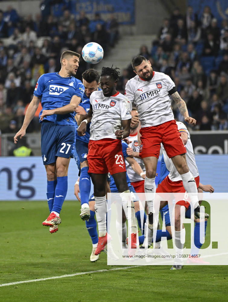 Strafraumszene, Torraumszene Kopfballduell Zweikampf Aktion Andrej Kramaric TSG 1899 Hoffenheim (27) Haris Tabakovic TSG 1899 Hoffenheim (26) Omar Haktab Traore 1. FC Heidenheim 1846 FCH (23) Marnon Busch 1. FC Heidenheim 1846 FCH (02) TSG 1899 Hoffenheim vs 1. FC Heidenheim 1846 FCH 09.03.2025 DFL REGULATIONS PROHIBIT ANY USE OF PHOTOGRAPHS AS IMAGE SEQUENCES AND OR QUASI-VIDEO TSG 1899 Hoffenheim vs 1. FC Heidenheim 1846 FCH