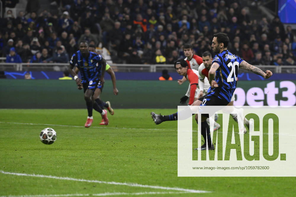 Hakan Calhanoglu of FC Internazionale scores the goal of 2-1 during the UEFA Champions League 2024 2025 round of 16 football match between FC Internazionale and Feyenoord at San Siro stadium in Milano (Italy), March 11, 2025. AndreaxStaccioli