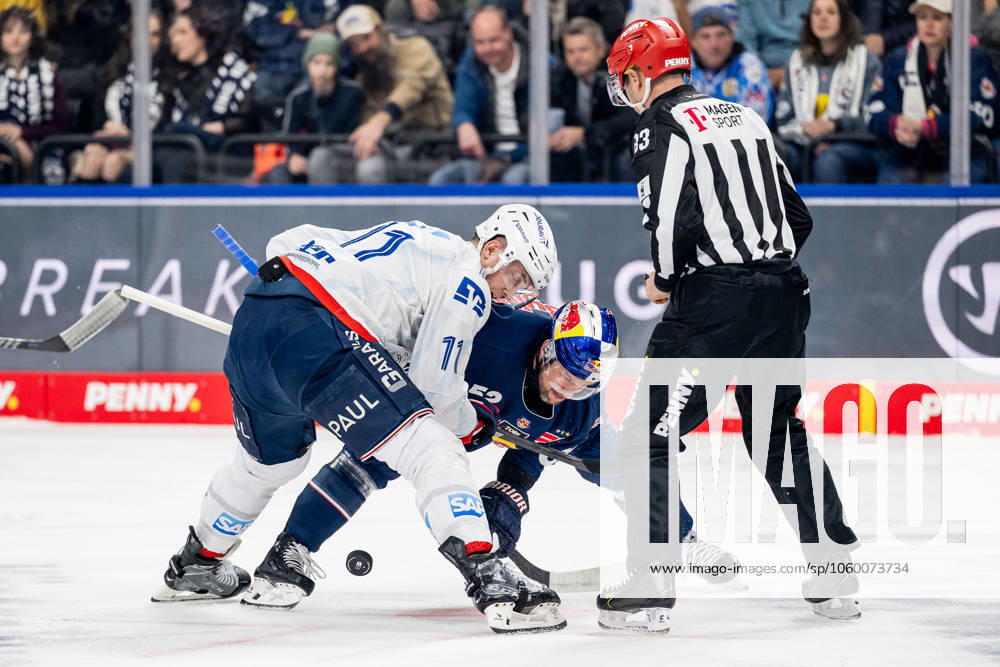Linesperson David Tschirner fuehrt ein Bully Faceoff aus zwischen Patrick Hager (EHC Red Bull Muenchen, 52) und Kristian Reichel (Adler Mannheim, 11). GER, EHC Red Bull Muenchen vs. Adler Mannheim, Eishockey, DEL, Playoffs, Viertelfinale Spiel 2, Saison 2024 2025, 19.03.2025. GER, EHC Red Bull Muenchen vs. Adler Mannheim, Eishockey, DEL, Playoffs, Viertelfinale Spiel 2, Saison 2024 2025, 19.03.2025. Muenchen