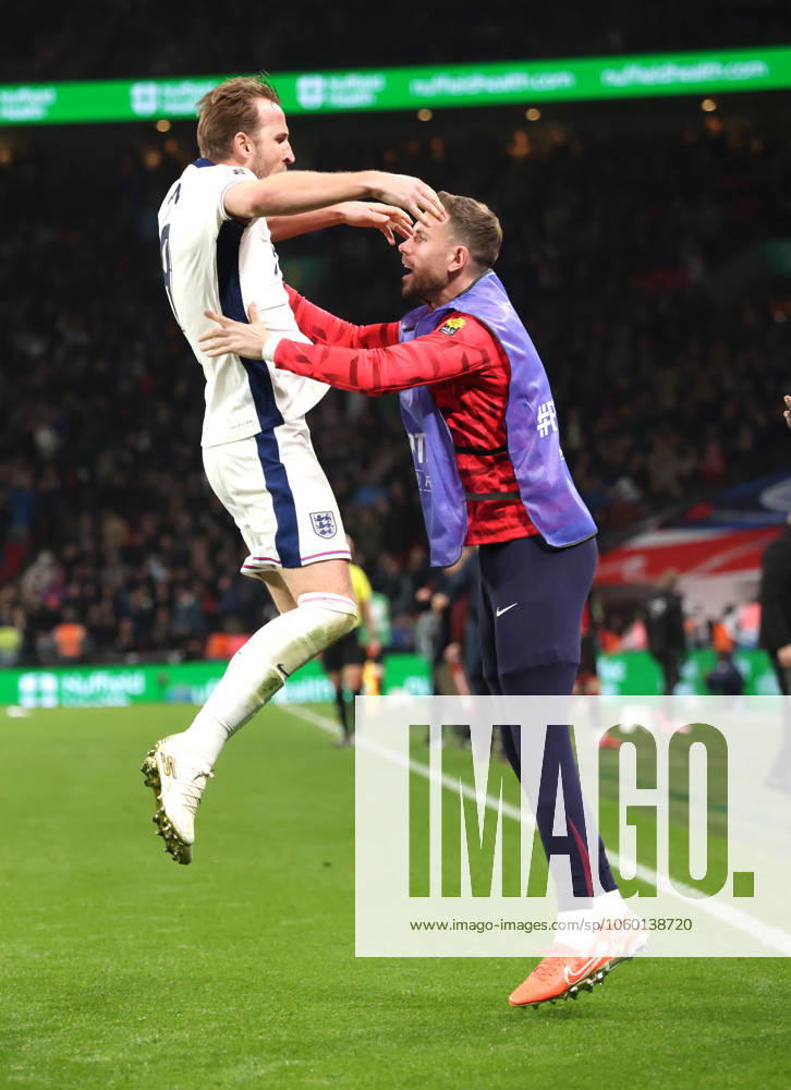 Harry Kane (E) celebrates scoring the second England goal with Jordan Henderson (E) at the FIFA World Cup, WM, Weltmeisterschaft, Fussball Qualifier, England v Albania, at Wembley Stadium, London, UK on 21st March, 2025.