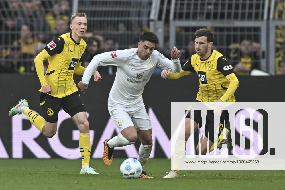 V. li. im Kampf um den Ball Maximilian Beier (Dortmund 14) Nadiem Amiri (Mainz 18) Pascal Groß ((Dortmund 13) 30.03.2025 Fussball Borussia Dortmund vs 1. FSV Mainz 05, Signal Iduna Park, Dortmund, DFB DFL REGULATIONS PROHIBIT ANY USE OF PHOTOGRAPHS AS IMAGE SEQUENCES AND OR QUASI-VIDEO