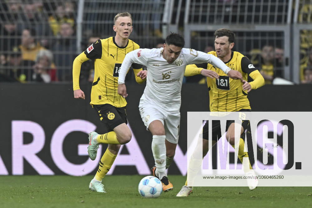 V. li. im Kampf um den Ball Maximilian Beier (Dortmund 14) Nadiem Amiri (Mainz 18) Pascal Groß ((Dortmund 13) 30.03.2025 Fussball Borussia Dortmund vs 1. FSV Mainz 05, Signal Iduna Park, Dortmund, DFB DFL REGULATIONS PROHIBIT ANY USE OF PHOTOGRAPHS AS IMAGE SEQUENCES AND OR QUASI-VIDEO