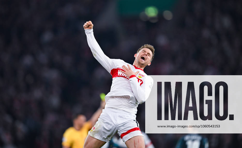 Fußball, DFB-Pokal, VfB Stuttgart - RB Leipzig Maximilian Mittelstaedt (VfB Stuttgart) bejubelt den Sieg waehrend des DFB-Pokal - Halbfinal Spiels zwischen VfB Stuttgart und RB Leipzig in der MHP Arena am 02. April 2025 in Stuttgart, Deutschland. (Foto von Silas Schüller DeFodi Images) +++ Maximilian Mittelstaedt (VfB Stuttgart) celebrates the win during the DFB-Pokal - Semifinals match between VfB Stuttgart and RB Leipzig at MHP Arena on April 2, 2025 in Stuttgart, Germany. (Photo by Silas Schüller DeFodi Images) DFB DFL REGULATIONS PROHIBIT ANY USE OF PHOTOGRAPHS AS IMAGE SEQUENCES AND OR QUASI-VIDEO. (Photo by Silas Schueller DeFodi Images)
