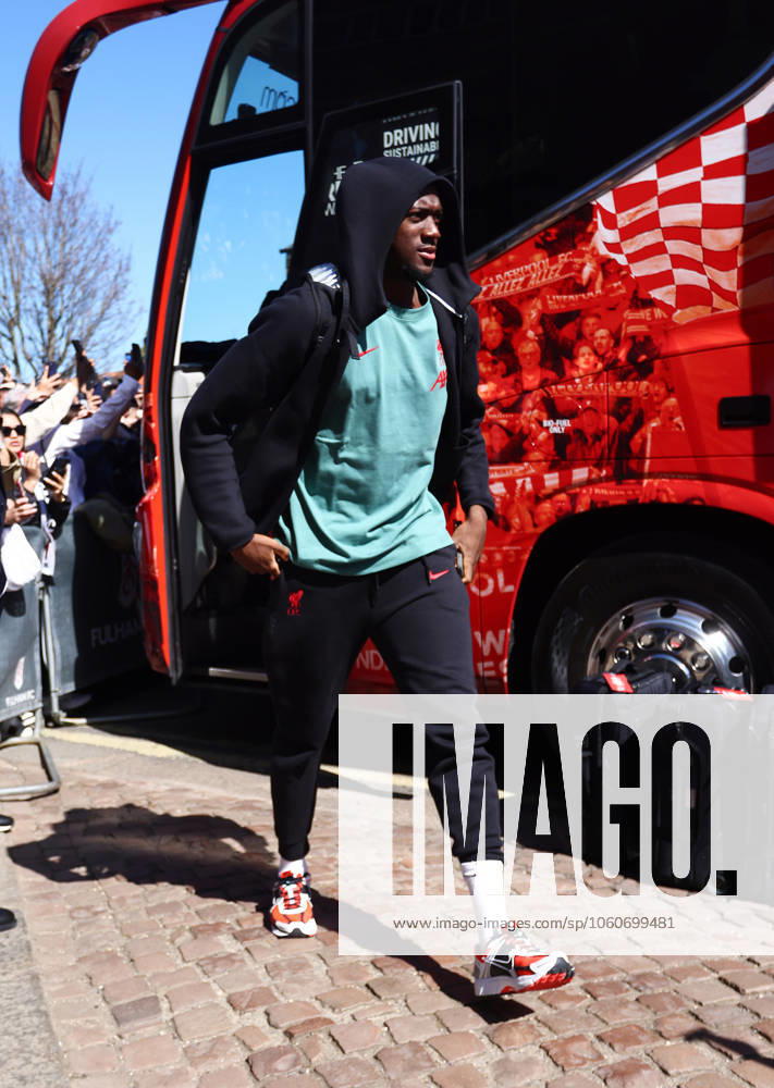 Fulham v Liverpool, English Premier League, Craven Cottage, Football, London, UK - 06 Apr 2025 Ibrahima Konatà of Liverpool arrives at Craven Cottage ahead of the Premier League game against Fulham London Craven Cottage London GBR, UK NEWSPAPERS OUT