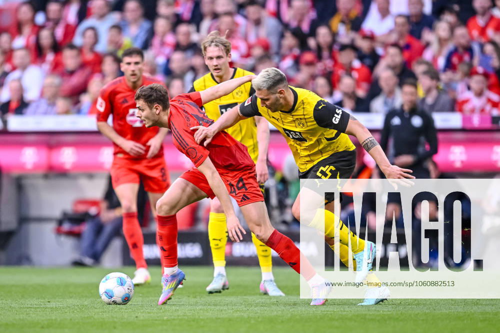 Josip Stanisic (FC Bayern Muenchen) und Niklas Suele (BV Borussia Dortmund) im Zweikampf waehrend des Spiels der 1. Bundesliga zwischen FC Bayern München und Borussia Dortmund, Allianz Arena am 12. April 2025 in München, Deutschland. (Foto von Harry Langer DeFodi Images) +++ Josip Stanisic (FC Bayern Muenchen) und Niklas Suele (BV Borussia Dortmund) battle for the ball during the Bundesliga match between FC Bayern München and Borussia Dortmund at Allianz Arena on April 12, 2025 in Munich, Germany. (Photo by Harry Langer DeFodi Images) DFL regulations prohibit any use of photographs as image sequences and or quasi-video. (Photo by Harry Langer DeFodi Images) DFL regulations prohibit any use of photographs as image sequences and or quasi-video.