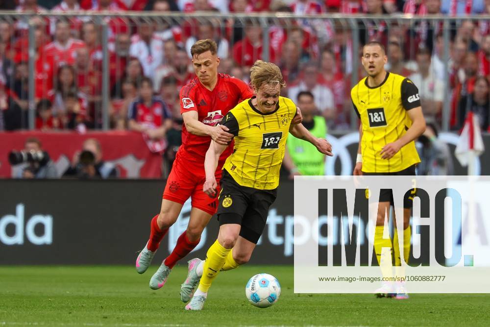 Im Zweikampf, Aktion, mit Joshua Kimmich 6 (FC Bayern Muenchen), Julian Brandt 10 (Borussia Dortmund), FC Bayern Muenchen vs. Borussia Dortmund, Fussball, 1. Bundesliga, 29. Spieltag, 12.04.2025 DFB regulations prohibit any use of photographs as image sequences and or quasi-video Muenchen Bayern Deutschland