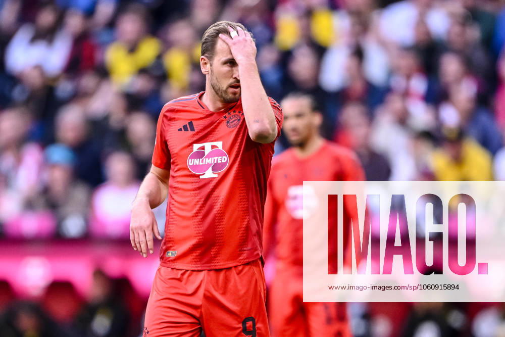 Harry Kane (FC Bayern Muenchen) gestikuliert, gestik waehrend des Spiels der 1. Bundesliga zwischen FC Bayern München und Borussia Dortmund, Allianz Arena am 12. April 2025 in München, Deutschland. (Foto von Harry Langer DeFodi Images) +++ Harry Kane (FC Bayern Muenchen) gestures during the Bundesliga match between FC Bayern München and Borussia Dortmund at Allianz Arena on April 12, 2025 in Munich, Germany. (Photo by Harry Langer DeFodi Images) DFL regulations prohibit any use of photographs as image sequences and or quasi-video. (Photo by Harry Langer DeFodi Images) DFL regulations prohibit any use of photographs as image sequences and or quasi-video.