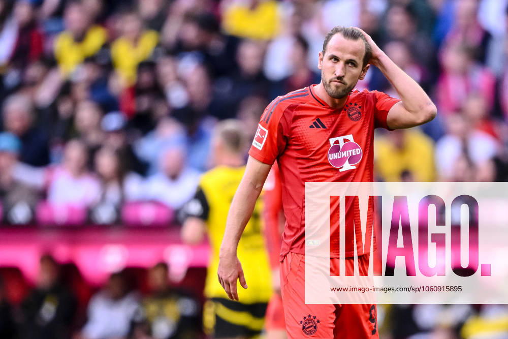 Harry Kane (FC Bayern Muenchen) gestikuliert, gestik waehrend des Spiels der 1. Bundesliga zwischen FC Bayern München und Borussia Dortmund, Allianz Arena am 12. April 2025 in München, Deutschland. (Foto von Harry Langer DeFodi Images) +++ Harry Kane (FC Bayern Muenchen) gestures during the Bundesliga match between FC Bayern München and Borussia Dortmund at Allianz Arena on April 12, 2025 in Munich, Germany. (Photo by Harry Langer DeFodi Images) DFL regulations prohibit any use of photographs as image sequences and or quasi-video. (Photo by Harry Langer DeFodi Images) DFL regulations prohibit any use of photographs as image sequences and or quasi-video.