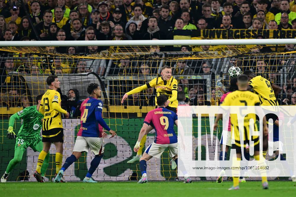DORTMUND - Sehrou Guirassy of Borussia Dortmund (r) scores during the quarterfinal Champions League match between Borussia Dortmund and FC Barcelona, Barca at Signal Iduna Park stadium on April 15, 2025 in Dortmund, Germany. ANP Hollandse Hoogte Borussia Dortmund v FC Barcelona 2024 25 ANPxSportx xGerritxvanxKeulenxIVx 524606542 originalFilename: 524606542