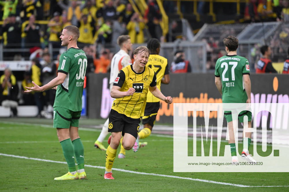 Jubel 3:1 Daniel Svensson (Borussia Dortmund) 20.04.2025, Fussball 1. Bundesliga, 30. Spieltag, Saison 2024 2025 Borussia Dortmund - Borussia Mönchengladbach Foto: Maik Hölter Team2 DFL regulations prohibit any use of photographs as image sequences and or quasi-video Dortmund Signal Iduna Park Nordrhein Westfalen Deutschland