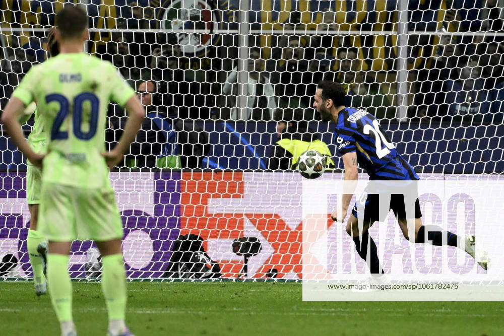 Hakan Calhanoglu of FC Internazionale scores the goal of 2-0 during the UEFA Champions League 2024 2025 semifinal between FC Internazionale and FC Barcelona, Barca at San Siro stadium in Milano (Italy), May 6, 2025. AndreaxStaccioli