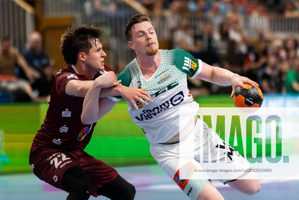 Erik PERSSON (FRISCH AUF! Goeppingen, 22) im Zweikampf gegen Maxim ORLOV (1. VFL Potsdam, 22) 1. VfL Potsdam (POT) vs. FRISCH AUF! Goeppingen (FAG), Handball, Maenner, Daikin Handball Bundesliga (HBL), 32. Spieltag, Spielzeit 2024 2025, 31.05.2025 1. VfL Potsdam (POT) vs. FRISCH AUF! Goeppingen (FAG), Handball, Maenner, Daikin Handball Bundesliga (HBL), 32. Spieltag, Spielzeit 2024 2025, 31.05.2025 Potsdam