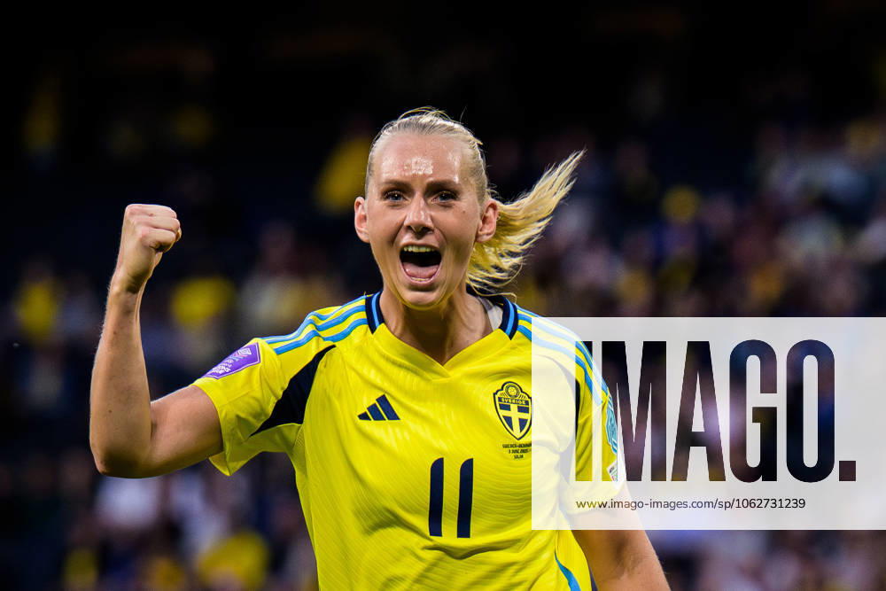 Stina Blackstenius of Sweden celebrates after scoring the 4-1 goal during the Women s Nations League football match between Sweden and Denmark on June 3, 2025 in Stockholm. Photo: Joel Marklund BILDBYRAN kod JM JM0698 fotboll football soccer fotball nations league uefa womens nations league sverige sweden danmark denmark dam bbeng jubel