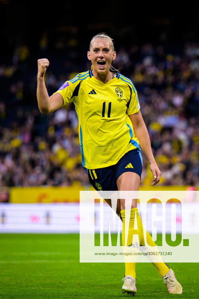Stina Blackstenius of Sweden celebrates after scoring the 4-1 goal during the Women s Nations League football match between Sweden and Denmark on June 3, 2025 in Stockholm. Photo: Joel Marklund BILDBYRAN kod JM JM0698 fotboll football soccer fotball nations league uefa womens nations league sverige sweden danmark denmark dam bbeng jubel