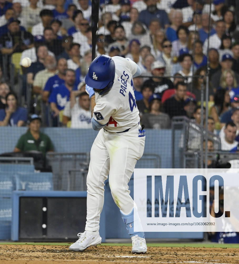 Los Angeles Dodgers center fielder Andy Pages is hit by a pitch in the fourth inning by San Diego Padres starting pitcher Dylan Cease at Dodger Stadium in Los Angeles on Monday, June 16, 2025. LAP2025061625 JIMxRUYMEN