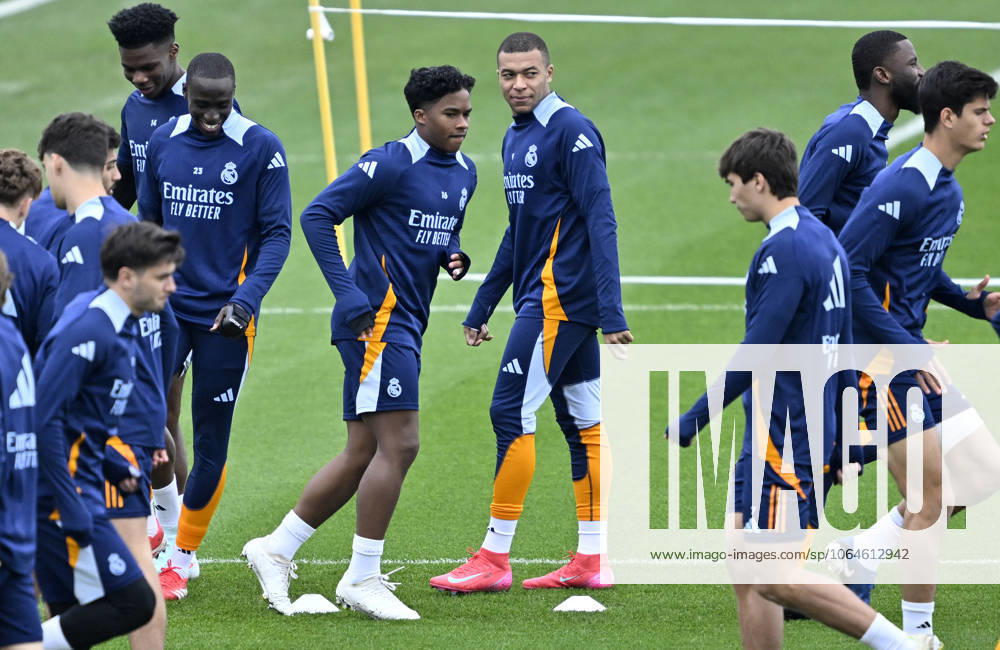 Training session of Real Madrid MADRID, SPAIN - FEBRUARY 28: Kylian Mbappe and Endrickl Felipe of Real Madrid attends training session at Valdebebas facilities ahead of LaLiga 26th week football match against Real Betis in Madrid, Spain on February 28, 2025. Madrid Spain. Editorial use only. Please get in touch for any other usage.