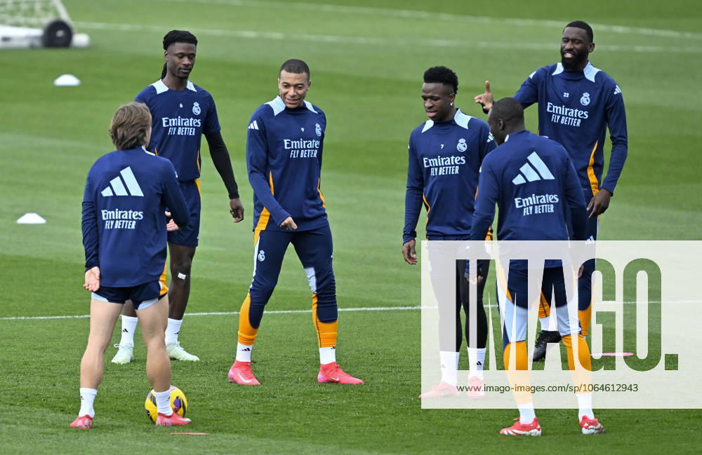 Training session of Real Madrid MADRID, SPAIN - FEBRUARY 28: Luka Modric (L), Eduardo Camavinga (2nd L), Kylian Mbappe (3rd L), Vinicius Junior (2nd R) ve Antonio Rudiger of Real Madrid attend training session at Valdebebas facilities ahead of LaLiga 26th week football match against Real Betis in Madrid, Spain on February 28, 2025. Madrid Spain. Editorial use only. Please get in touch for any other usage.