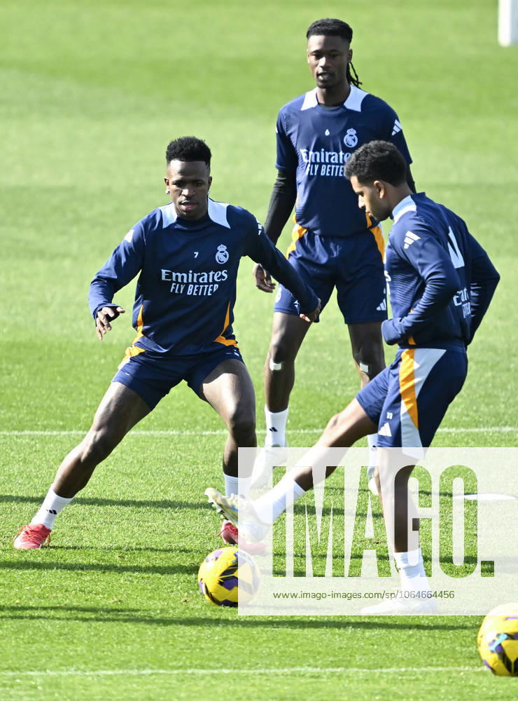 Training session of Real Madrid MADRID, SPAIN - FEBRUARY 14: Eduardo Camavinga (C), Vinicius Junior (L) and Rodrygo Goes (R) of Real Madrid attend training session at Valdebebas facilities ahead of LaLiga 24th week football match against Osasuna in Madrid, Spain on February 14, 2025. Madrid Spain. Editorial use only. Please get in touch for any other usage.
