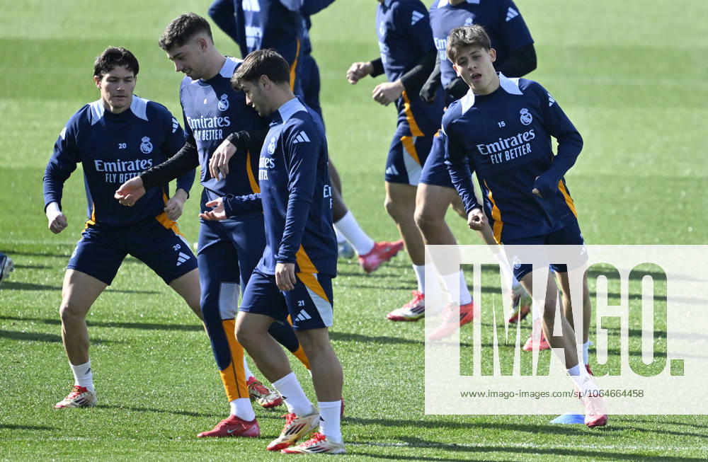 Training session of Real Madrid MADRID, SPAIN - FEBRUARY 14: Francisco Garcia, Federico Valverde, Brahim Diaz and Arda Guler of Real Madrid attend training session at Valdebebas facilities ahead of LaLiga 24th week football match against Osasuna in Madrid, Spain on February 14, 2025. Madrid Spain. Editorial use only. Please get in touch for any other usage.