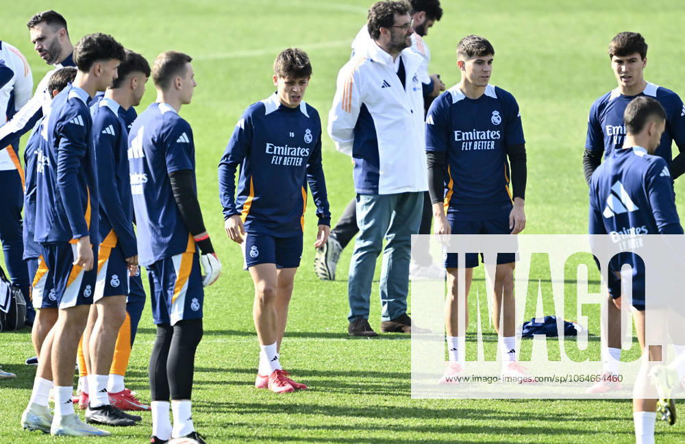 Training session of Real Madrid MADRID, SPAIN - FEBRUARY 14: Arda Guler (C) of Real Madrid attends training session at Valdebebas facilities ahead of LaLiga 24th week football match against Osasuna in Madrid, Spain on February 14, 2025. Madrid Spain. Editorial use only. Please get in touch for any other usage.