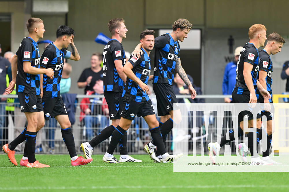 Paderborn, Home Deluxe Arena, 02.08.25, GER, Herren, 2.Bundesliga, Saison 2025-2026, SC Paderborn 07 - KSV Holstein Kiel Bild: Marcel HOFFMEIER (Paderborn) jubelt nach seinem Tor zum 1:0 DFL regulations prohibit any use of photographs as image sequences and or quasi-video. NRW Deutschland