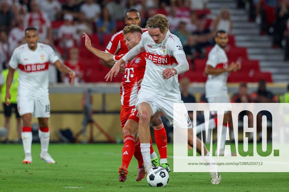 Im Zweikampf, Aktion, mit Joshua Kimmich 6 (FC Bayern Muenchen), Nick Woltemade 11 (VfB Stuttgart), VfB Stuttgart vs. FC Bayern Muenchen, Fussball, Franz-Beckenbauer-Supercup, 16.08.2025 Stuttgart Baden-Wuerttemberg Deutschland