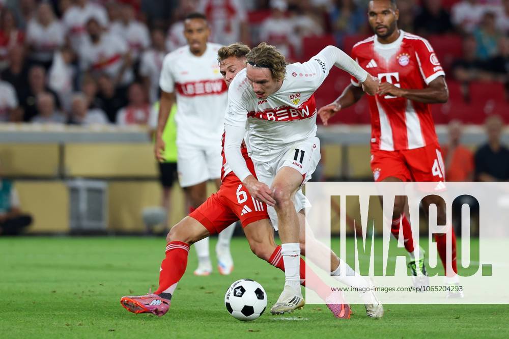 Im Zweikampf, Aktion, mit Joshua Kimmich 6 (FC Bayern Muenchen), Nick Woltemade 11 (VfB Stuttgart), VfB Stuttgart vs. FC Bayern Muenchen, Fussball, Franz-Beckenbauer-Supercup, 16.08.2025 Stuttgart Baden-Wuerttemberg Deutschland