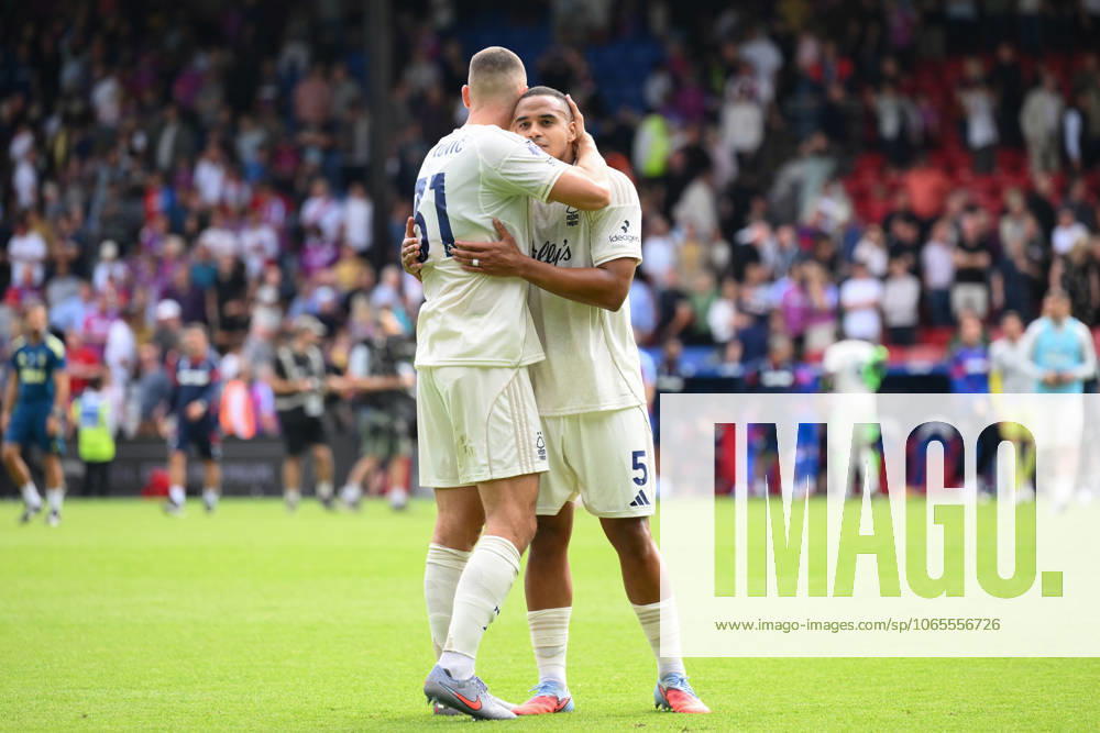 Crystal Palace v Nottingham Forest - Premier League Nikola Milenkovic of Nottingham Forest and Murillo of Nottingham Forest hug after the final whistle during the Premier League match between Crystal Palace and Nottingham Forest at Selhurst Park in London, England, on August 24, 2025. London Greater London United Kingdom