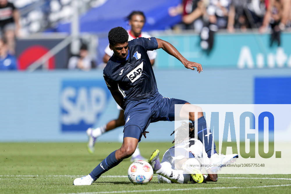 V.li.: Bernardo Fernandes da Silva Junior (Hoffenheim, 13), Elye Wahi (SGE, 17), Zweikampf, Spielszene, Duell, duel, tackle, tackling, Dynamik, Action, Aktion, 30.08.2025, Sinsheim (Deutschland), Fussball, Bundesliga, TSG 1899 Hoffenheim - Eintracht Frankfurt, DFB DFL REGULATIONS PROHIBIT ANY USE OF PHOTOGRAPHS AS IMAGE SEQUENCES AND OR QUASI-VIDEO.