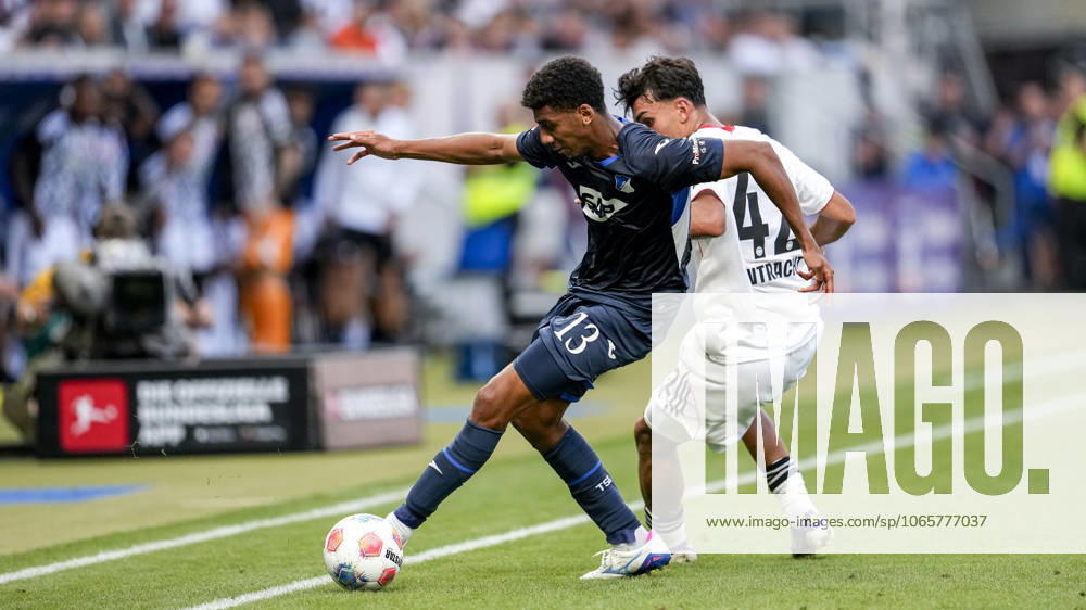 V.li.: Bernardo Fernandes da Silva Junior (Hoffenheim, 13), Can Uzun (SGE, 42), Zweikampf, Spielszene, Duell, duel, tackle, tackling, Dynamik, Action, Aktion, 30.08.2025, Sinsheim (Deutschland), Fussball, Bundesliga, TSG 1899 Hoffenheim - Eintracht Frankfurt, DFB DFL REGULATIONS PROHIBIT ANY USE OF PHOTOGRAPHS AS IMAGE SEQUENCES AND OR QUASI-VIDEO.