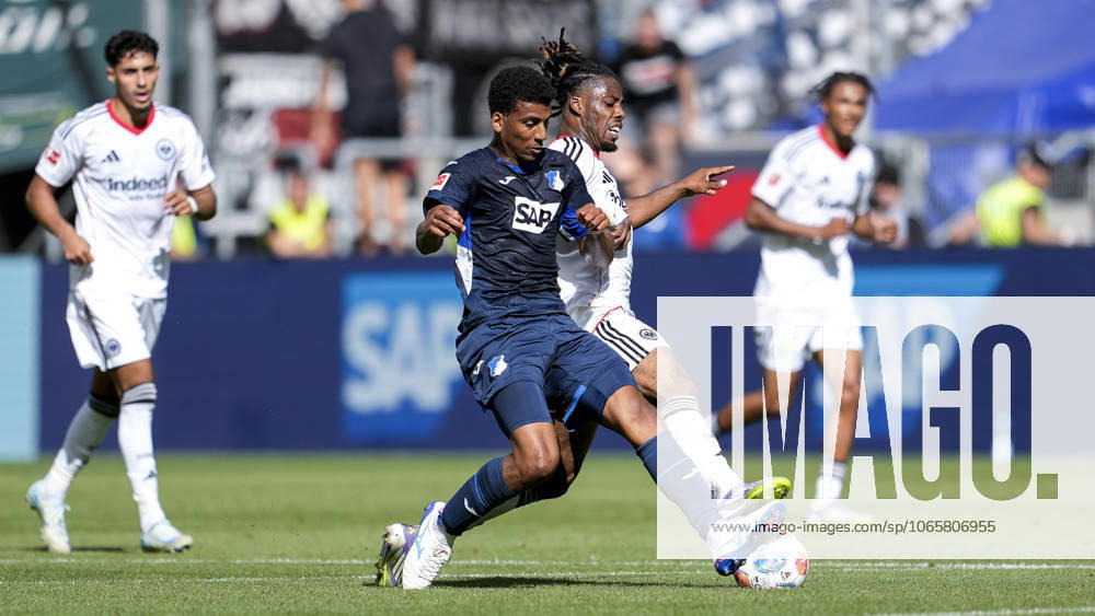 V.li.: Bernardo Fernandes da Silva Junior (Hoffenheim, 13), Elye Wahi (SGE, 17), Zweikampf, Spielszene, Duell, duel, tackle, tackling, Dynamik, Action, Aktion, 30.08.2025, Sinsheim (Deutschland), Fussball, Bundesliga, TSG 1899 Hoffenheim - Eintracht Frankfurt, DFB DFL REGULATIONS PROHIBIT ANY USE OF PHOTOGRAPHS AS IMAGE SEQUENCES AND OR QUASI-VIDEO.