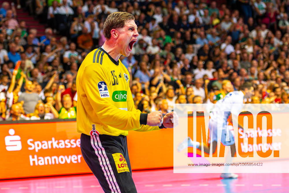 Joel Birlehm (TSV Hannover-Burgdorf, Nr. 35) (L-R), TSV Hannover-Burgdorf (green) against HC Alkaloid (white) (1. Matchday of Qualification Round 1 EHF European League 2025 2026) (31.08.2025, Swiss Life Hall (Hannover, GER),