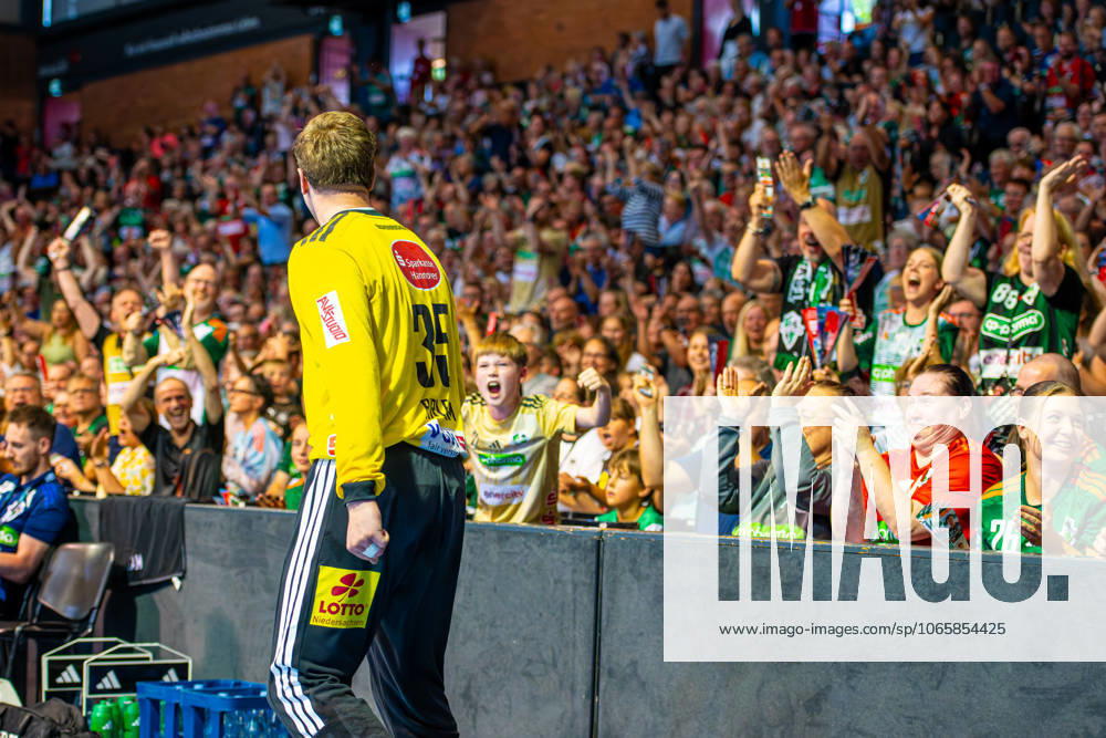 Joel Birlehm (TSV Hannover-Burgdorf, Nr. 35) (L-R), TSV Hannover-Burgdorf (green) against HC Alkaloid (white) (1. Matchday of Qualification Round 1 EHF European League 2025 2026) (31.08.2025, Swiss Life Hall (Hannover, GER),