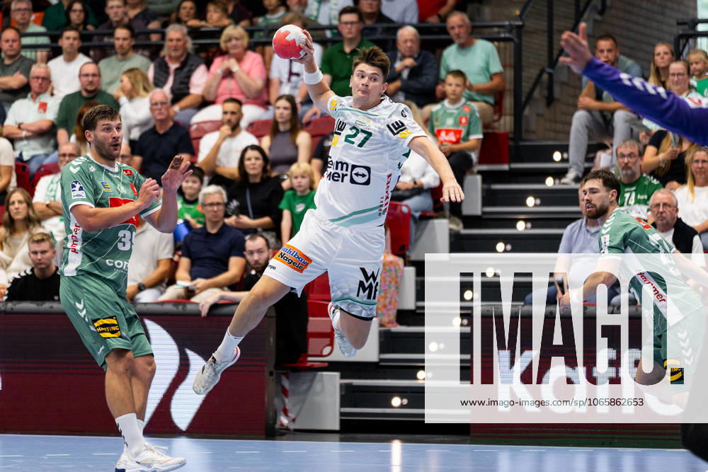 Oskar SUNNEFELDT (FRISCH AUF! Goeppingen, 27) erzielt ein Tor, Aktion, Torwurf GWD Minden (GWD) vs. FRISCH AUF! Goeppingen (FAG), Handball, Maenner, Daikin Handball Bundesliga (HBL), 1. Spieltag, Spielzeit 2025 2026, 31.08.2025 GWD Minden (GWD) vs. FRISCH AUF! Goeppingen (FAG), Handball, Maenner, Daikin Handball Bundesliga (HBL), 1. Spieltag, Spielzeit 2025 2026, 31.08.2025 Luebbecke