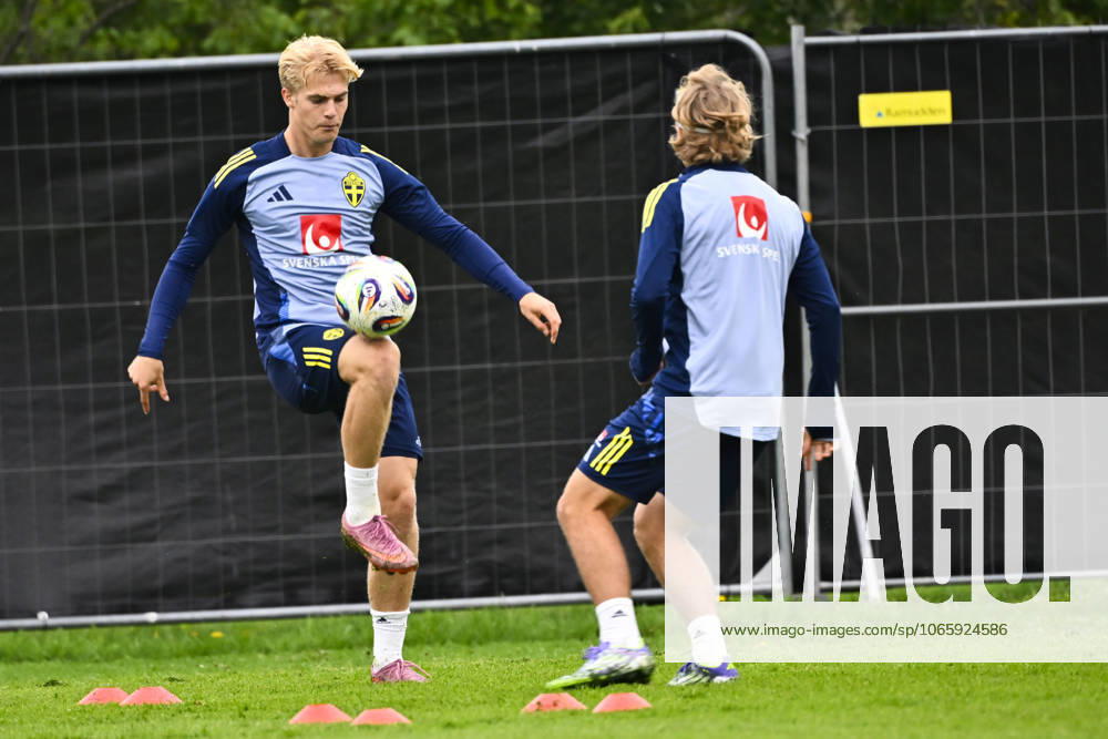 STOCKHOLM, SWEDEN 20250901 Swedish national team, Nationalteam captain Jon Dahl Tomasson and players Lucas Bergvall, Sebastian Nanasi and Anthony Elanga during a training session as the Swedish men s national team gathers for upcoming World Cup qualifiers against Slovenia and Kosovo. STOCKHOLM SWEDEN
